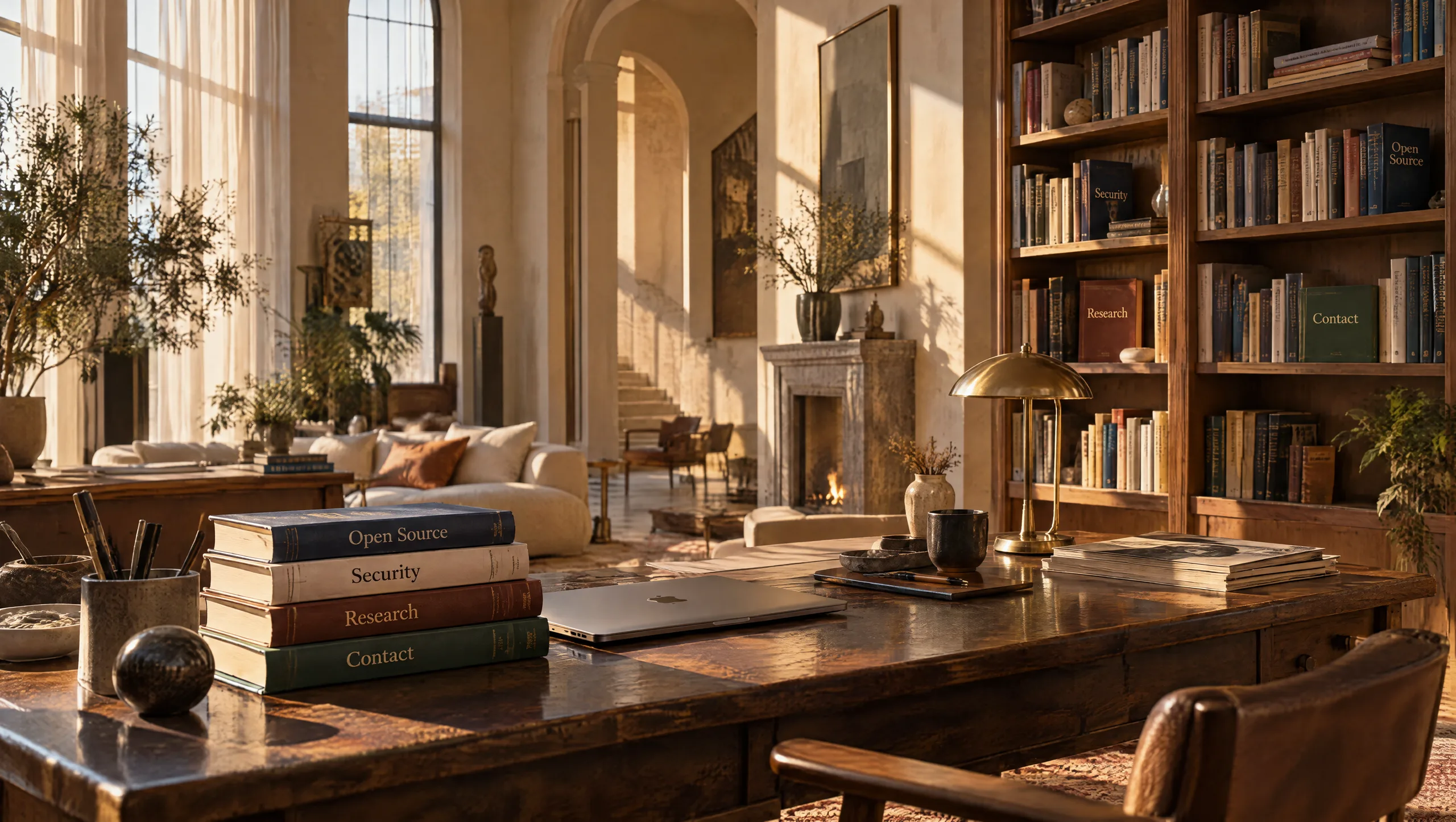 A sunlit study. On the desk: a laptop, a brass lamp, papers, and four books labelled Open Source, Security, Research and Contact. Bookshelves and a fireplace behind.